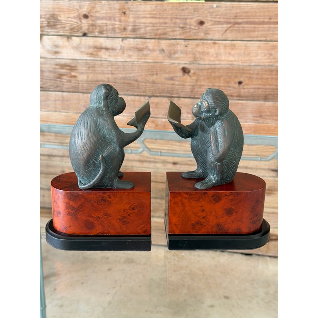 Wood Vintage Maitland-Smith Style Bronze Patina Monkey Bookends on Burl Wood Bases – Pair For Sale - Image 7 of 12