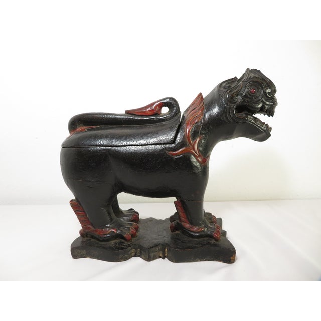Antique Carved Wood Singha Guardian Lion ~ Thailand Buddhist Lidded Temple Box For Sale - Image 14 of 18