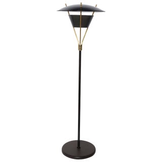 Tall Thomas Moser Black Enamel and Brass Floor Lamp With Black Shade, 1950s For Sale
