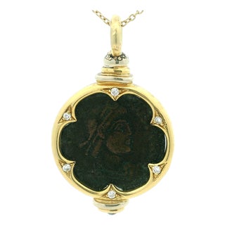 Vintage 18k Gold Ancient Coin Diamond & Sapphire Pendant For Sale
