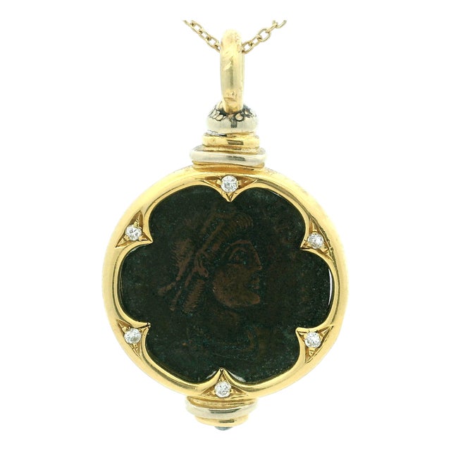 Vintage 18k Gold Ancient Coin Diamond & Sapphire Pendant For Sale