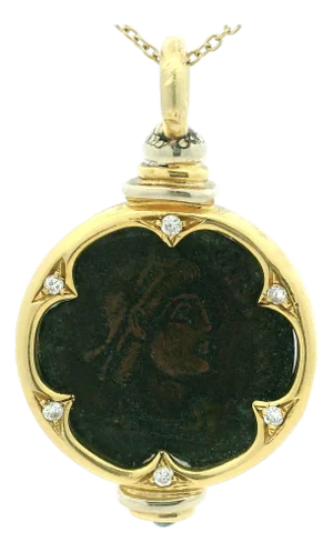 Vintage 18k Gold Ancient Coin Diamond & Sapphire Pendant