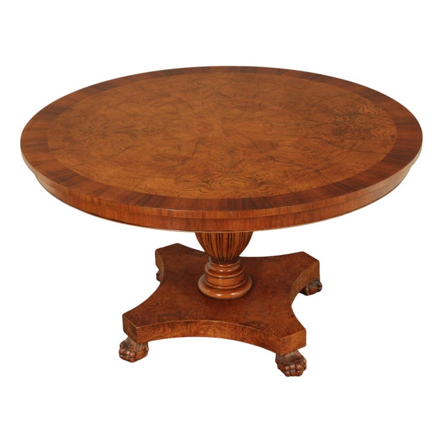 Late 20th Century Italian Made Empire Style Round Burlwood Pedestal Center Table For Sale