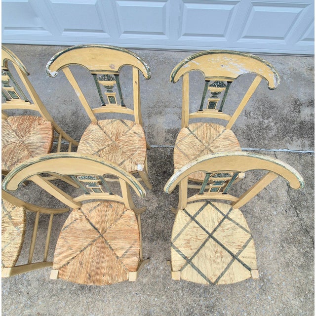 Late 19th Century French Provençal Directoire Painted Carved Back Rush Seat Dining Chairs, Set of 8 For Sale - Image 9 of 16
