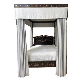George III Style Black & Gold Chinoiserie Four Poster Canopy Bed W Drapery For Sale
