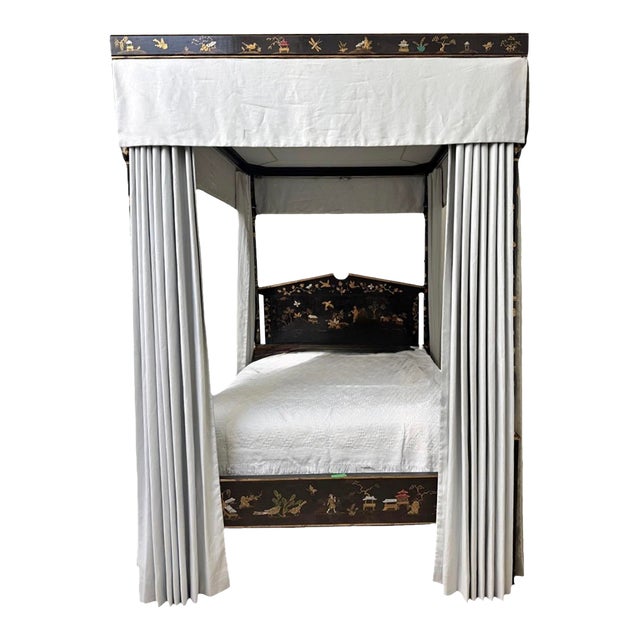 George III Style Black & Gold Chinoiserie Four Poster Canopy Bed W Drapery For Sale