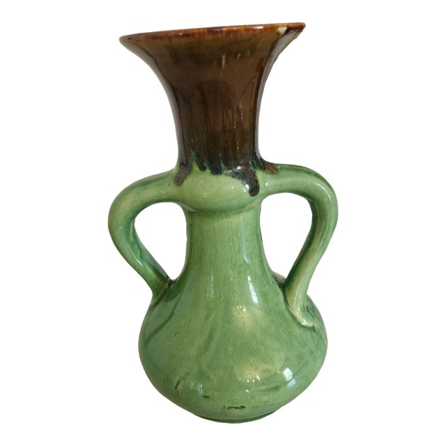 Vintage German Green and Brown Drip Glaze Double Handle Vase, Marked Germany 850 For Sale