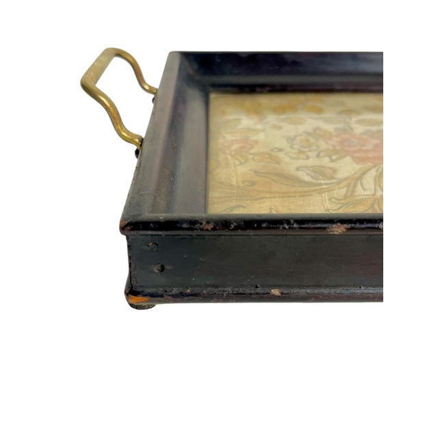 Mid 20th Century Antique English Glass Top Wood Tray With Brass Handles and Brocade Fabric For Sale - Image 5 of 16