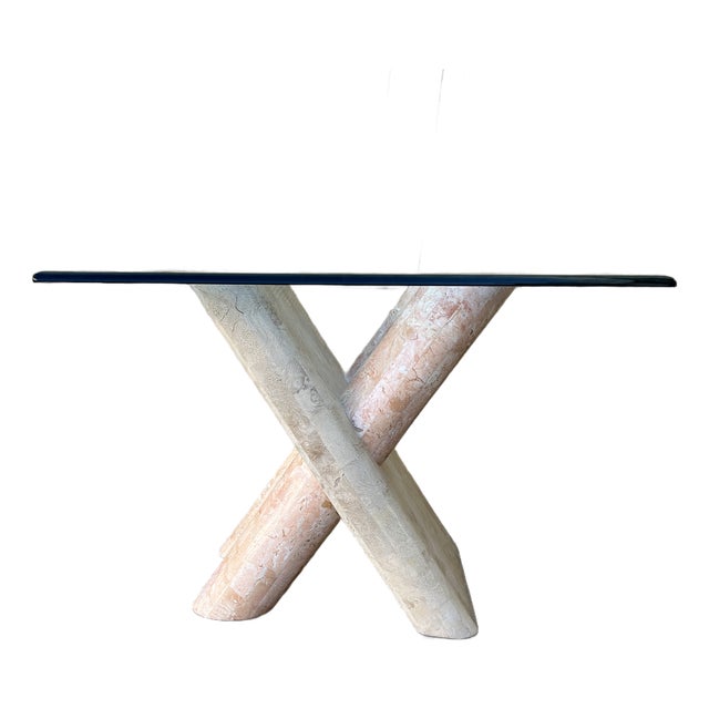 Post Modern Tessellated Mactan Stone Rounded X-Shape Base Side Table. C 1980s For Sale