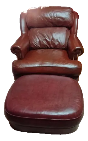 1970s Leathercraft Inc Genuine Nailhead Leather Chair and Ottoman