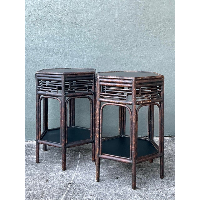 Vintage Asian Fretwork Burnt Bamboo Side Tables - A Pair For Sale In West Palm - Image 6 of 12