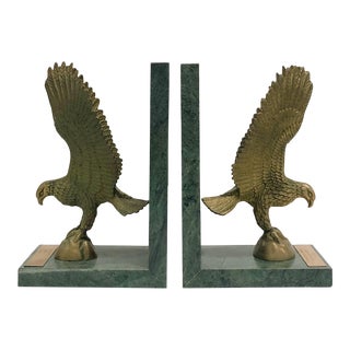 Vintage 1970s Brass Marble Eagle Bookends - a Pair For Sale