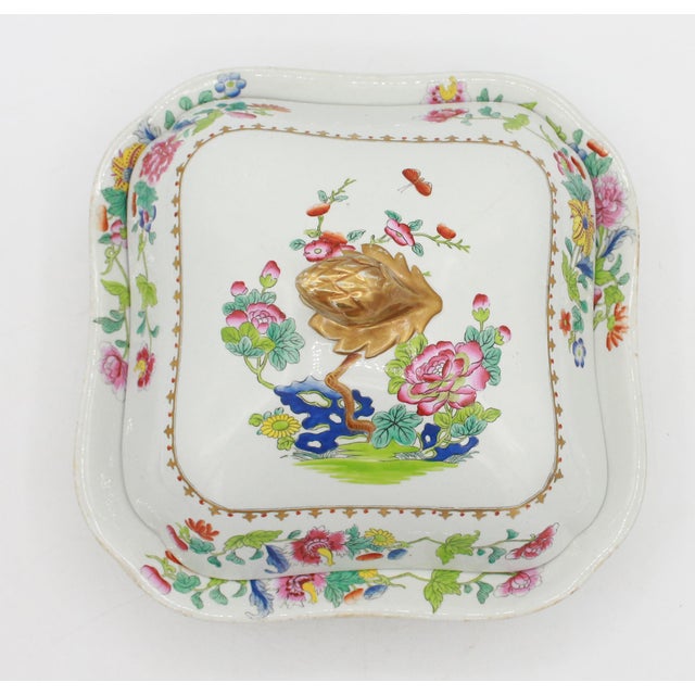 Spode stone china covered square vegetable dish, English. "Willie Indian Tree" pattern 2148 of 1813-1832. Wear to gilt...