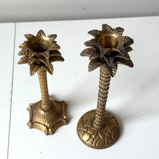 Mid-Century Modern Brass Palm Tree Candlestick Holders: A Pair For Sale - Image 3 of 7