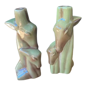 Mid-Century Modern Olive Green Ceramic Gazelle Antelope "Mom + Baby" Lamp Bases - a Pair