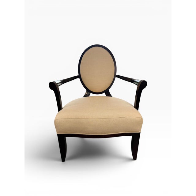 Textile Pair of Baker Furniture Upholstered Barrel Back Lounge Chairs With Oval Medallion Backs For Sale - Image 7 of 15