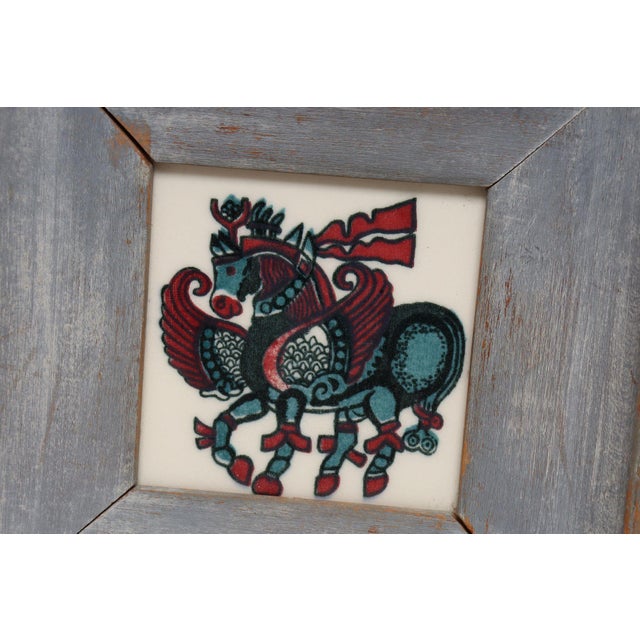 Vintage Deco Folk Art Painted Wood and Wheeling Ceramic Tile "Pegasus" Bookend For Sale - Image 9 of 14