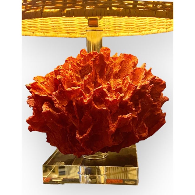 Contemporary Faux Coral Table Lamp Wicker Shade Lucite Base For Sale - Image 3 of 10