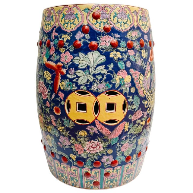 Mid 20th Century Chinese Famille Rose Cobalt Blue Millefleurs & Butterfly Porcelain Garden Stool For Sale - Image 4 of 10