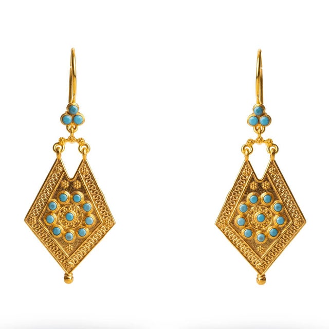 Metal Vintage Style Gold & Turquoise Design Dangle Earrings, A Pair For Sale - Image 7 of 9