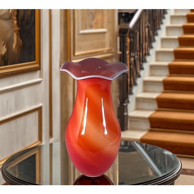 13 3/4 In. Tall Vintage Bulbous Scalloped Rim Cased White Orange Art Glass Vase For Sale - Image 14 of 15