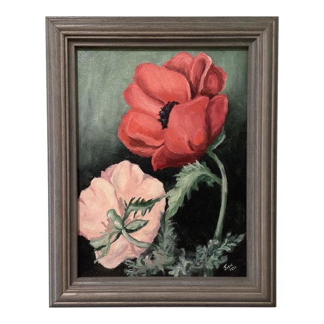 Mid Century Original Flowers Painting on Canvas “Red & Pink