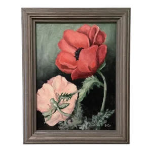 Mid Century Original Flowers Painting on Canvas “Red & Pink Poppies “
