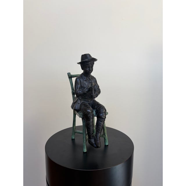 Late 20th Century Maitland-Smith Verdigris Bronze Flute Boy Sculpture For Sale - Image 5 of 15
