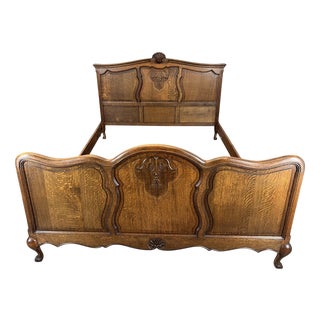 Vintage French Louis XVI Style Oak Double Bed Frame with Carved Headboard For Sale