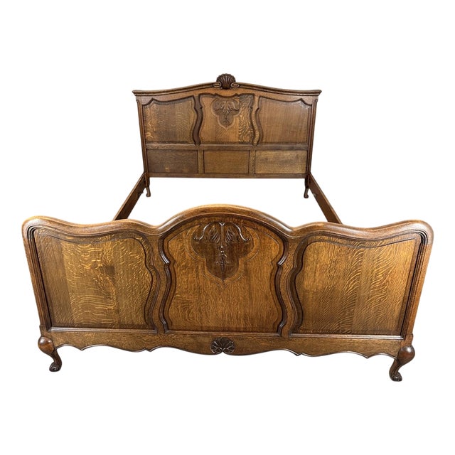 Vintage French Louis XVI Style Oak Double Bed Frame with Carved Headboard For Sale