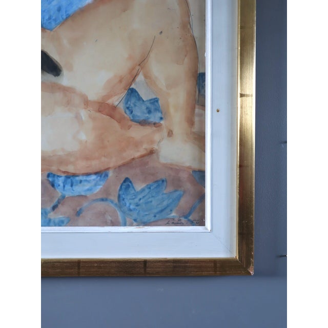 Blue Mid-Century Modern 'Reclining Figure on Rug' Original Swedish Figurative Watercolour Painting, Framed For Sale - Image 8 of 12