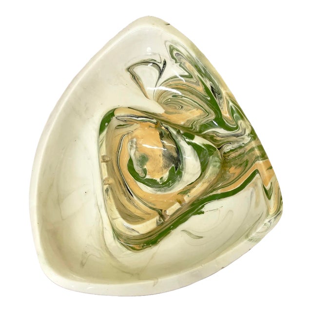 Large 1960s Mid-Century Modern Hand-Painted Swirl Ceramic Ashtray For Sale