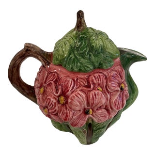 Cabbage Ware Floral Teapot - Vintage Majolica With Hibiscus For Sale