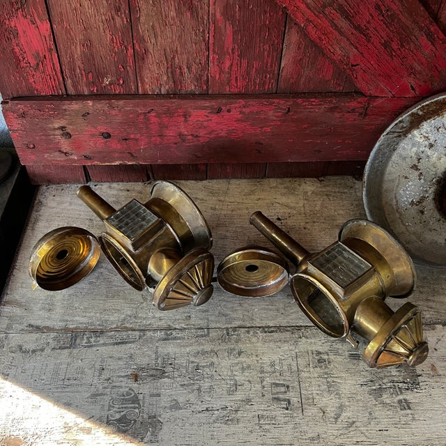 Pair of Antique Brass Carriage Lanterns With Glass Panels & Hinged Doors Vintage Home Decor or Restoration Pieces For Sale - Image 15 of 18