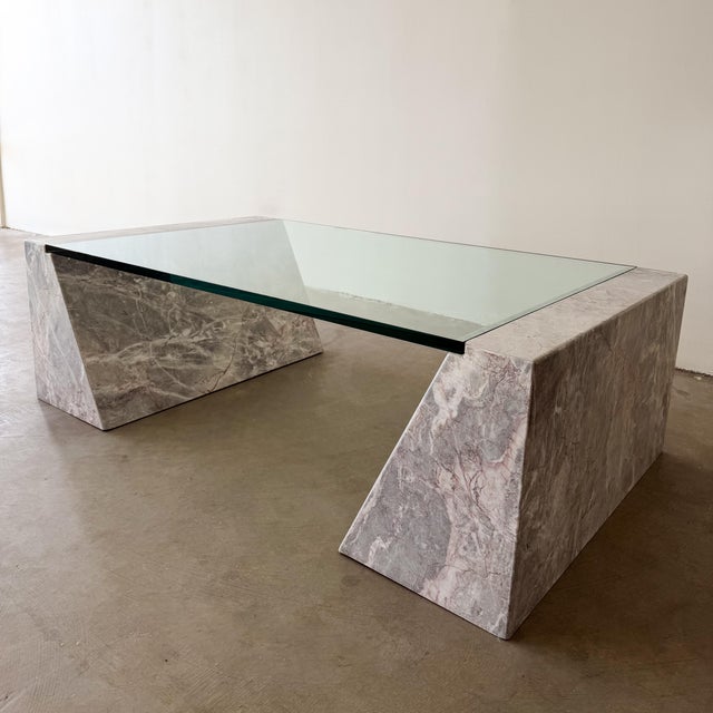 Light Gray Vintage 1980s Postmodern Marble Stone and Glass Coffee Table For Sale - Image 8 of 11