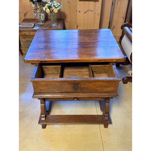 Antique 19th Century European Oak Box Table With Trestle Base and Sliding Storage Compartment For Sale - Image 4 of 10