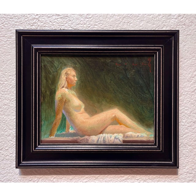 Figurative Reclining Nude in Green by Diego Glazer | Oil on canvas panel Nude figure seated against a dark background. For Sale - Image 3 of 5