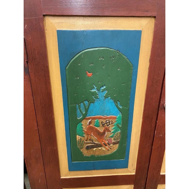 Late 20th Century Country Farmhouse Red & Blue Forest Carved Wardrobe Tv Entertainment Cabinet For Sale - Image 10 of 12