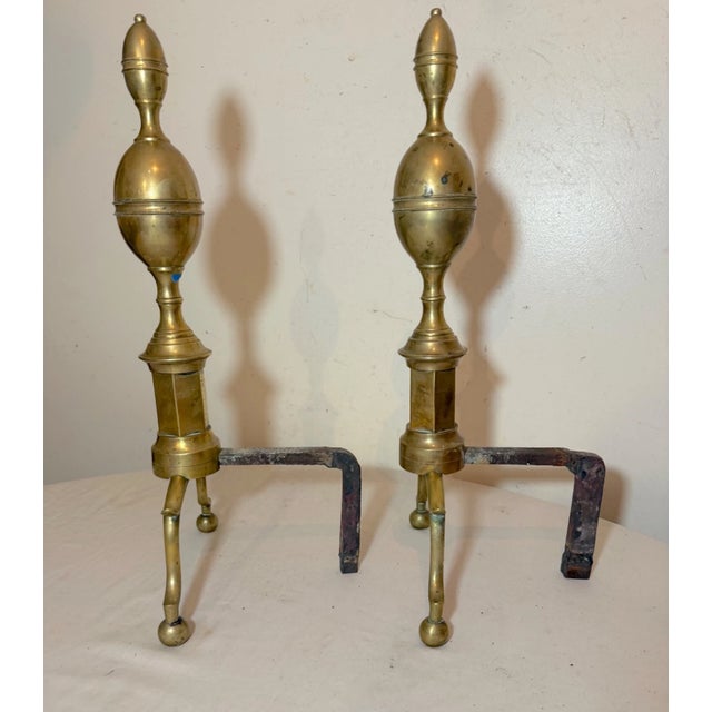 Pair of Antique 1700's Peened Brass Wrought Iron Federal Double Lemon Andirons For Sale In New York - Image 6 of 12
