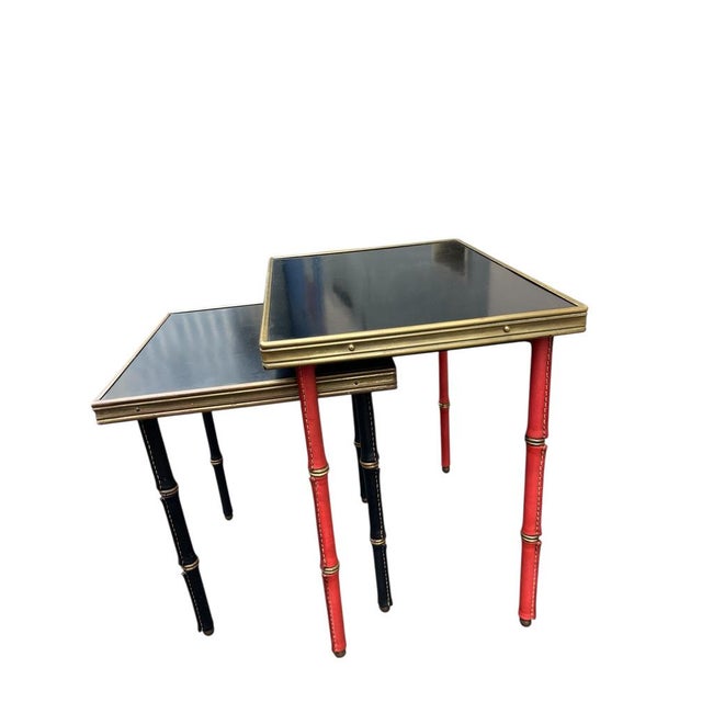 Metal Vintage Stitched Leather Nesting Tables by Jacques Adnet, 1950s, Set of 2 For Sale - Image 7 of 11