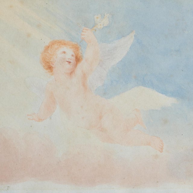 Traditional Small Antique Cherub Watercolour in Moon and Star Verre Egolisme Frame, 19th Century For Sale - Image 3 of 8
