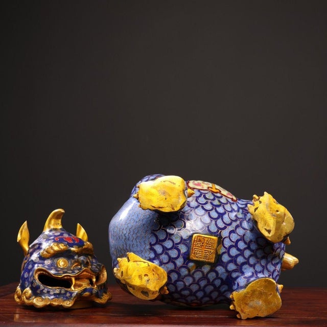 Chinese Vintage Chinese Gilt Cloisonné Mythical Beast Incense Burner (Luduan) - 2560g For Sale - Image 3 of 9