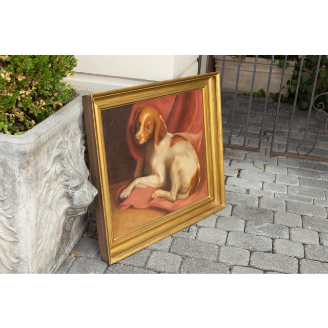 American 1890s Framed Oil on Board Painting Depicting a Dog Lying on a Red Drape For Sale - Image 12 of 12