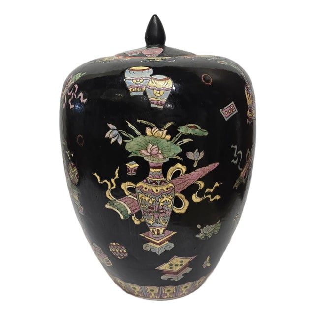 Vintage Famille Noire Ginger Jar With Vibrant Colored Designs For Sale