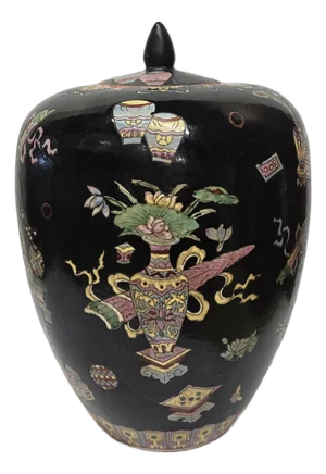 Vintage Famille Noire Ginger Jar With Vibrant Colored Designs