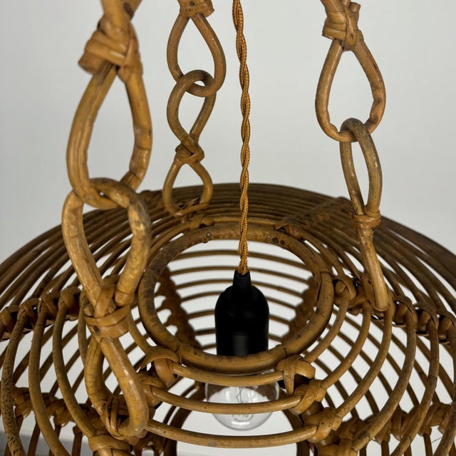 Wood Italian Bamboo Rattan UFO Pendant Lamp, 1960s For Sale - Image 7 of 8