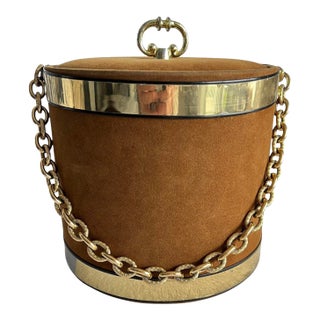 Georges Briard Brown Suede Ice Bucket With Gold Tone Chain Handle MCM 1960s Mid-Century For Sale