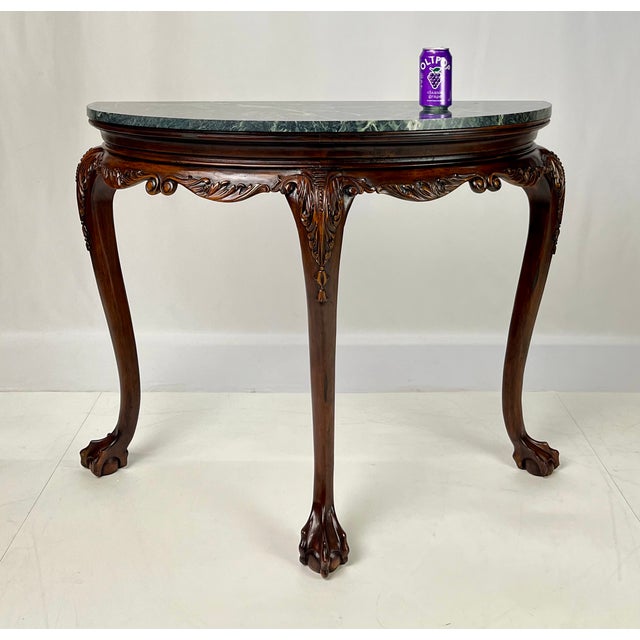 Vintage Chippendale Style Carved Mahogany Green Marble Top Demilune Console Table For Sale - Image 12 of 13