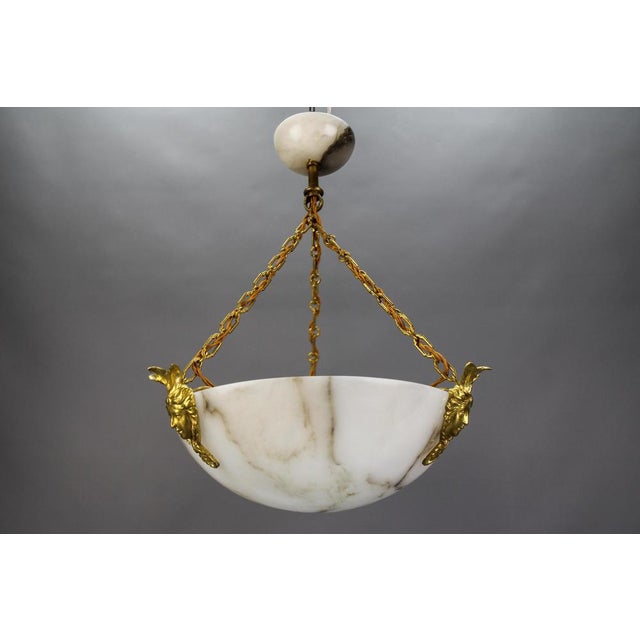 White Alabaster and Bronze Three-Light Pendant Chandelier, France, 1920s For Sale - Image 16 of 18