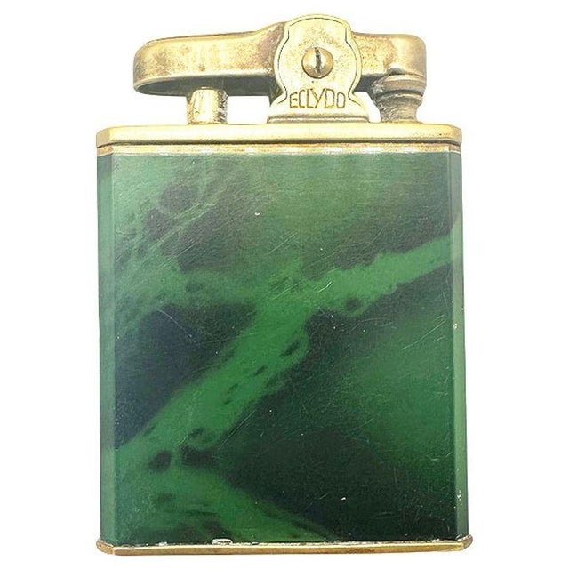 Mid 20th Century German Green Marble German Brass Lighter W/ Watch by Eclydo For Sale - Image 4 of 9